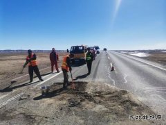 北屯执法大队联合公路养护部门修补路面坑槽 保障行车安全